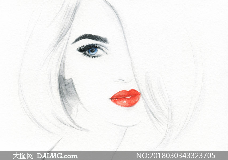 短发红唇造型美女人物绘画高清图片