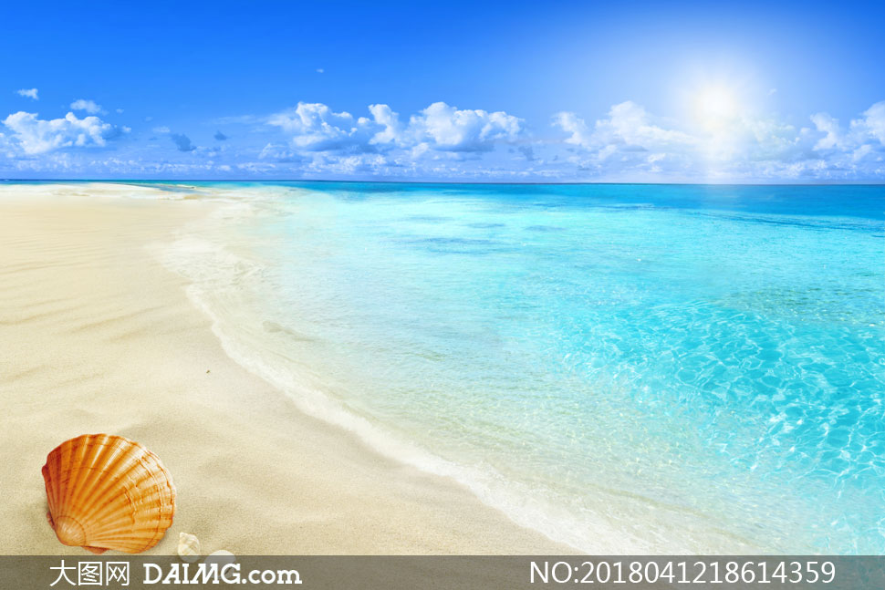 蓝天白云沙滩自然风景摄影高清图片 素材编号