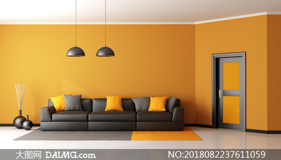 黑橙色彩搭配房间内景摆设高清图片
