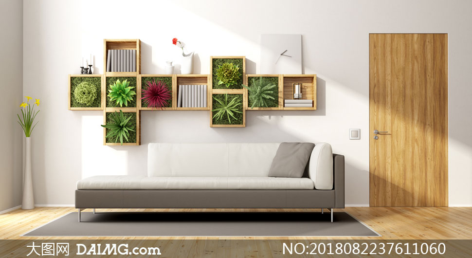 花瓶沙发与植物装饰的墙壁高清图片_大图网图片素材