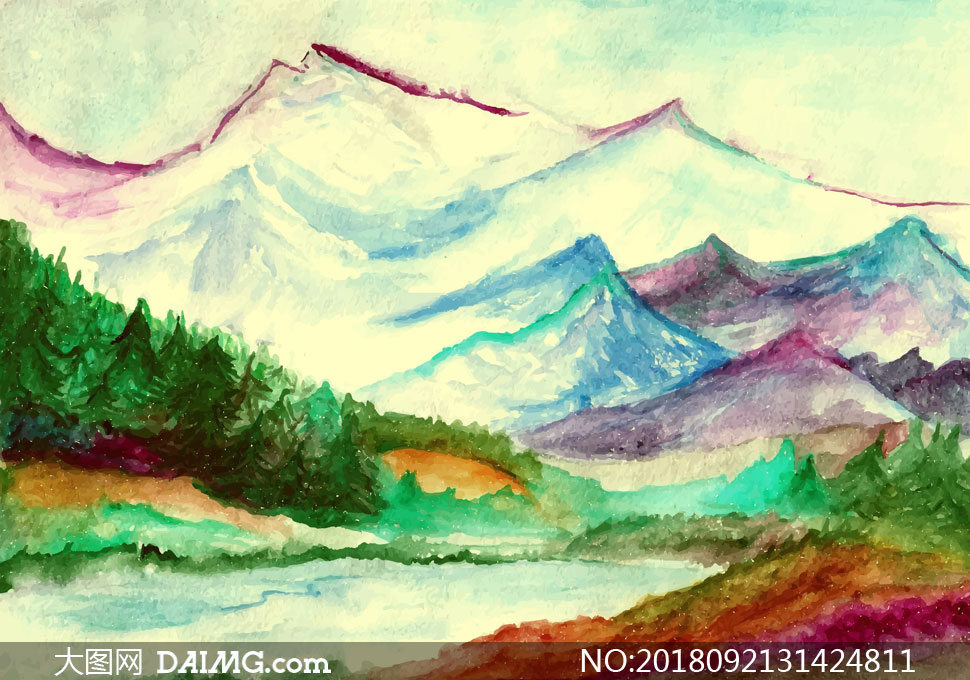 水彩风格湖光山色绘画创意高清图片