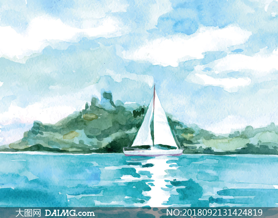 海面上航行的帆船水彩绘画高清图片