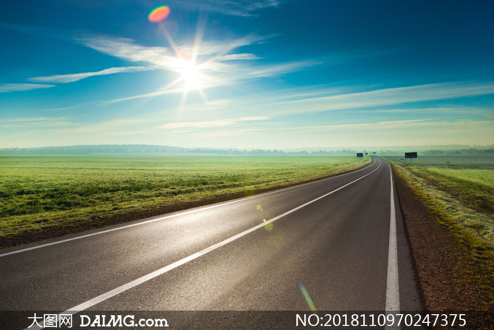 阳光照耀下的农田公路摄影高清图片