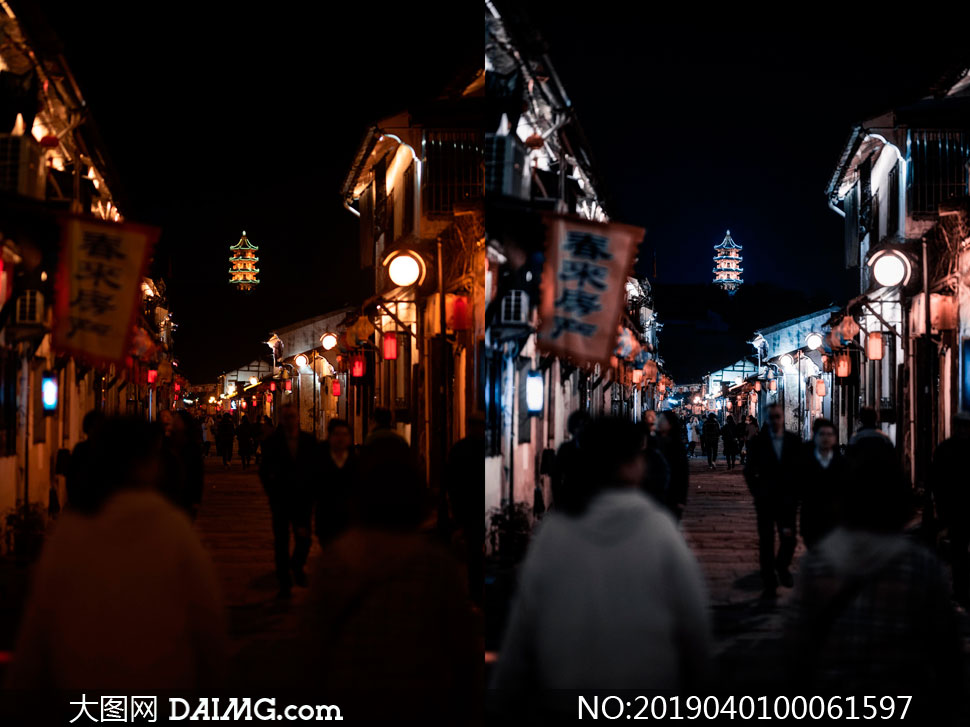 老街夜景照片冷色效果PS教程素材