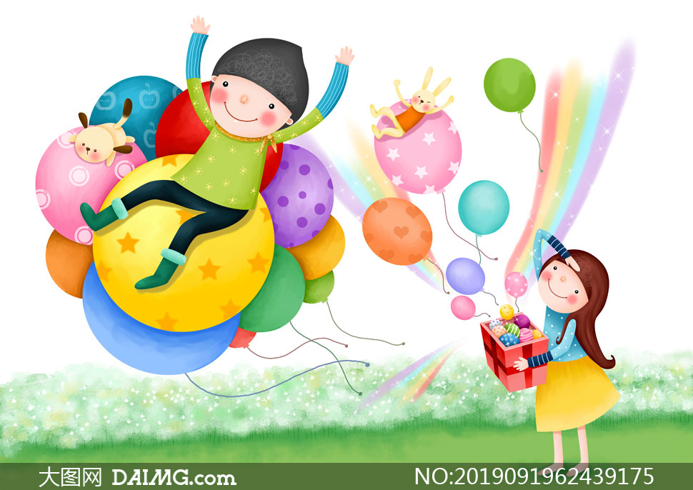 儿童人物与放飞的气球创意分层素材
