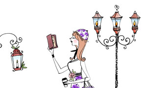 路燈與看書的美女手繪插畫分層素材