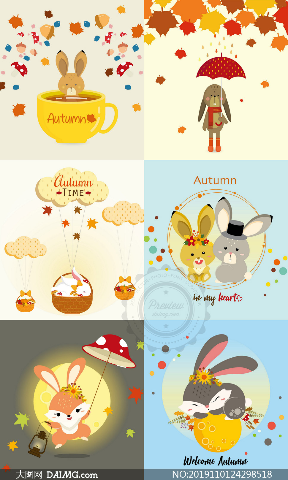 秋天可爱兔子插画创意设计矢量素材
