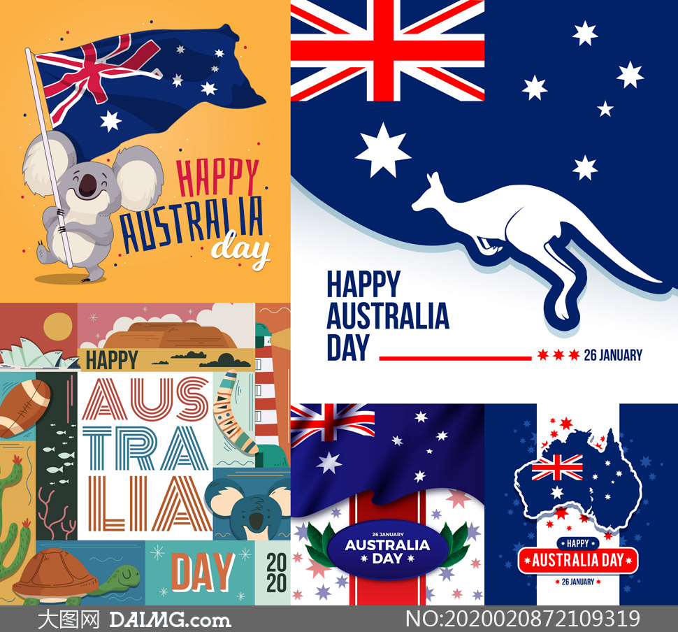 澳大利亚国旗与袋鼠剪影等矢量素材