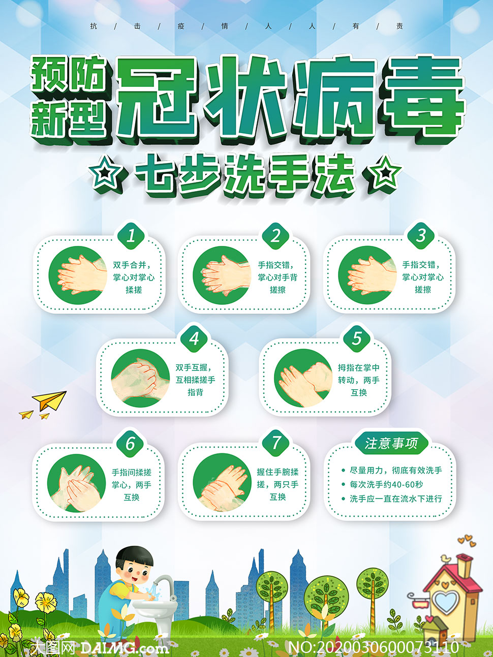 预防肺炎七步洗手法海报设计psd素材