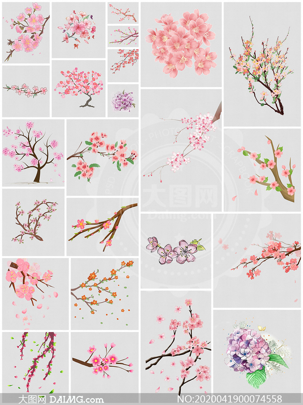 手绘桃花花枝和花朵免扣图片素材v1