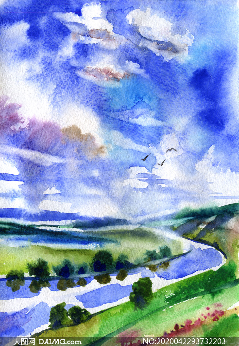 蓝天白云山野河流风景绘画高清图片
