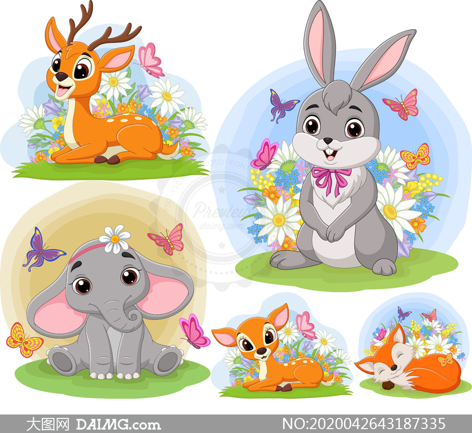 兔子大象与狐狸等卡通动物矢量素材