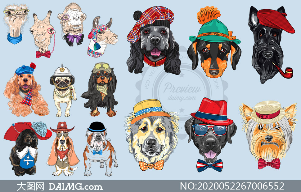 多品种戴着帽子的犬只主题矢量素材 大图网图片素材