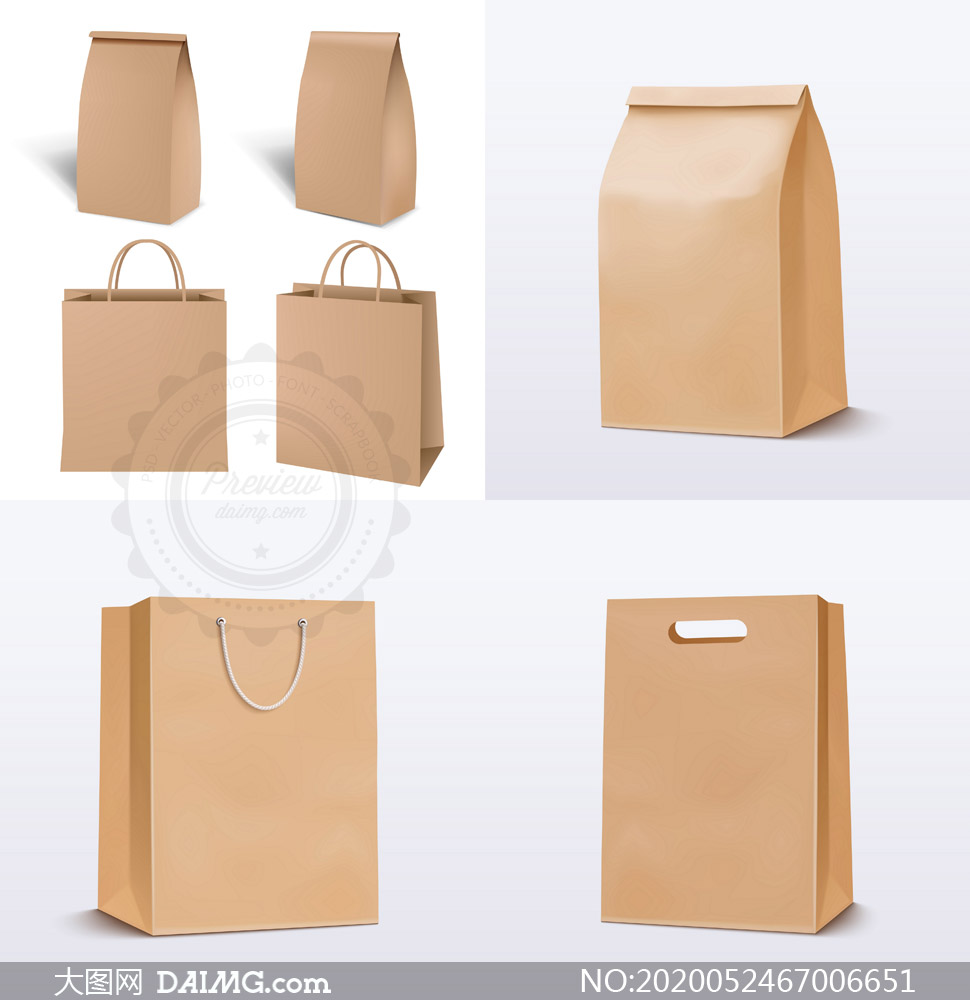 牛皮纸材质购物袋包装设计矢量素材