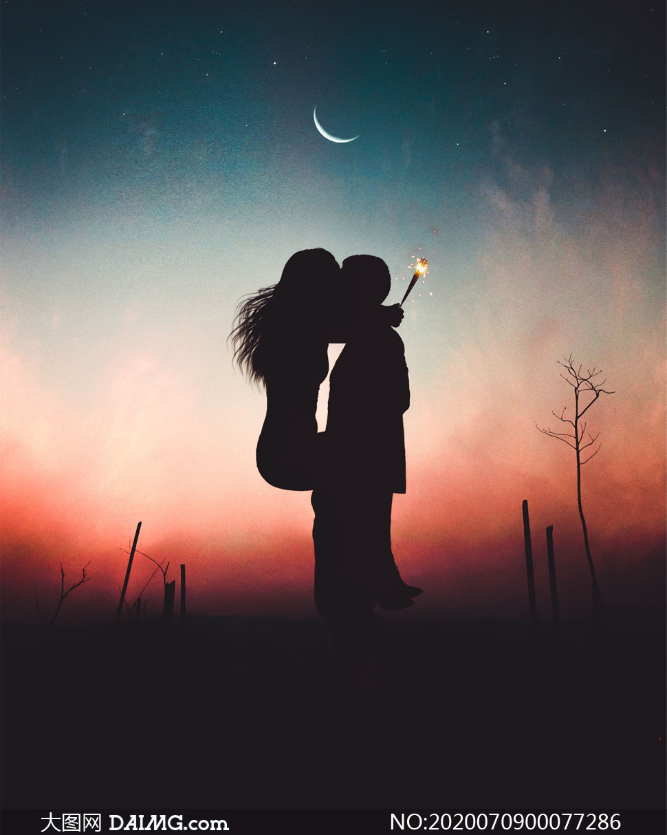 月光下亲密的情侣剪影高清摄影图片