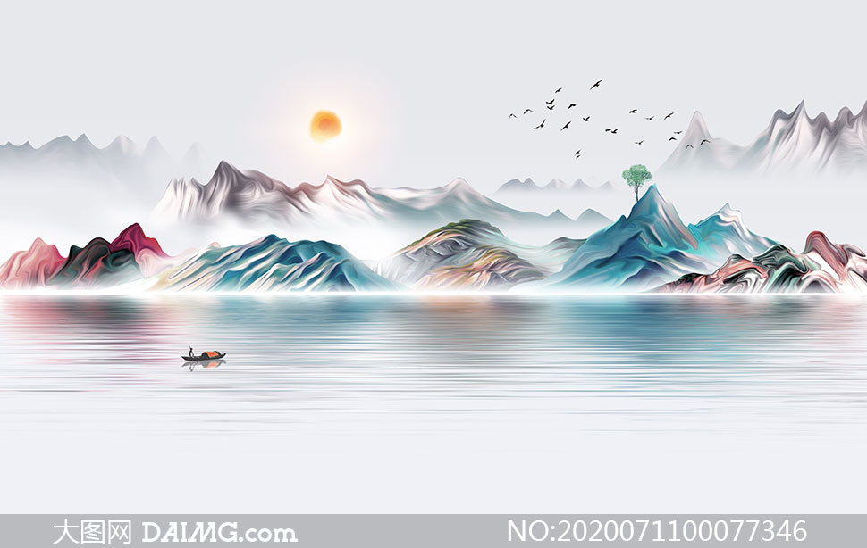 中国风手绘山水画背景设计psd素材