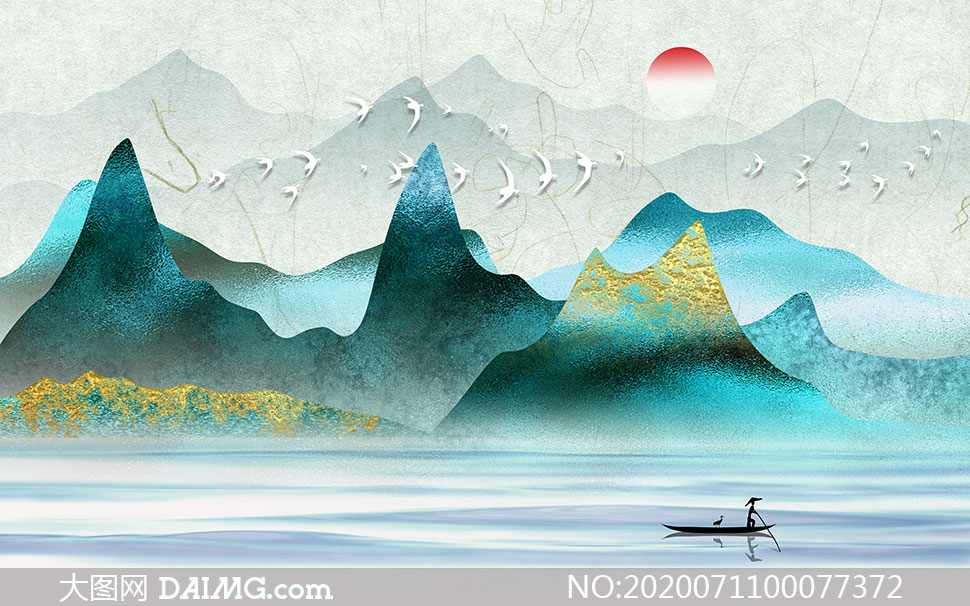 中国风山水画和红日景观psd分层素材