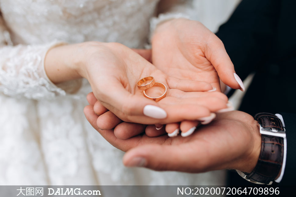 在手中的一对结婚戒指摄影高清图片