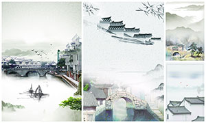 中国风中式庭院广告背景PSD素材V2