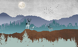 森林和麋鹿电视背景墙设计PSD素材
