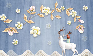 北欧风格花朵和麋鹿背景墙设计PSD素材