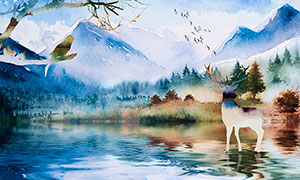 水彩风景和麋鹿背景墙设计PSD素材