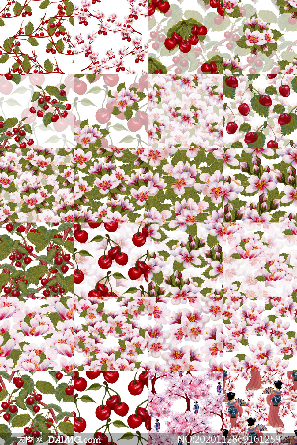 四方连续无缝花朵樱桃图案高清图片