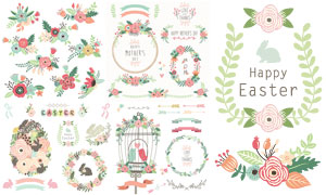 兔子花鳥與藤蔓裝飾復活節矢量素材