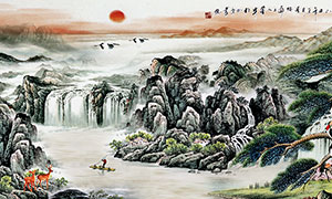 松鶴延年巨型山水風景裝飾畫PSD素材