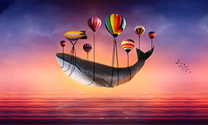 被热气球带着起飞的 鲸鱼PS教程素材