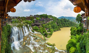 芙蓉古村和瀑布景观摄影图片