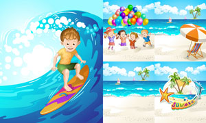 沙灘海景與兒童人物等插畫矢量素材