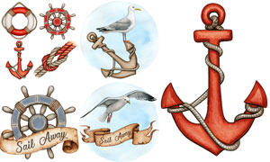 船舵與船錨海鷗等水彩創意矢量素材