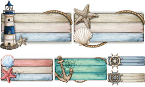 木板海星与灯塔贝壳等水彩矢量素材