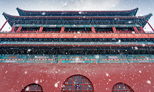 飘雪景象中的北京鼓楼摄影高清图片