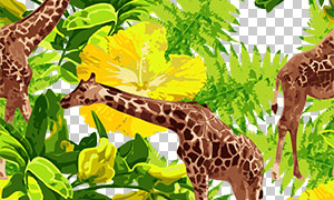 水彩绿叶与长颈鹿无缝背景免抠图片