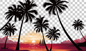 日落时分海景与椰树剪影等免抠素材