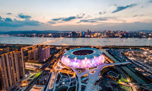 杭州亞運村奧體中心美麗夜景攝影圖片
