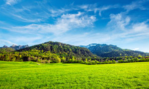 山脚下的绿色草地美景摄影图片