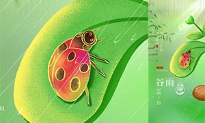 绿叶和瓢虫主题谷雨节气手机端海报PSD素材