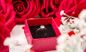 珍珠与首饰盒里的戒指摄影高清图片