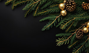 松枝上的圣诞球与松果摄影高清图片