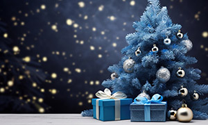 蓝色的礼物盒与圣诞树摄影高清图片