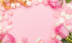 玫瑰花等元素装饰粉色背景高清图片