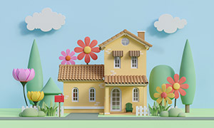 云朵房子与花朵等场景渲染图片素材