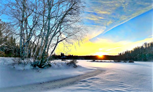 夕陽下雪后田園風光美景攝影圖片