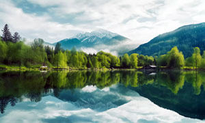 雪山腳下的山林和湖泊美景攝影圖片