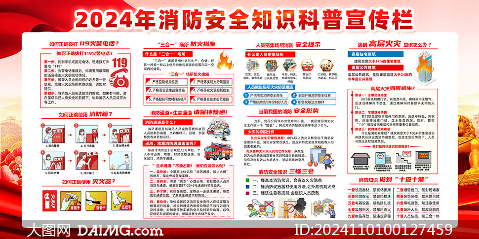 2024年全国消防日知识科普展板PSD素材