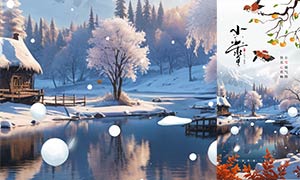 冬季唯美插畫小雪節(jié)氣宣傳海報(bào)PSD素材