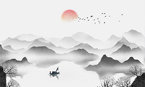 红日与黑白水墨山水图装饰画PSD素材